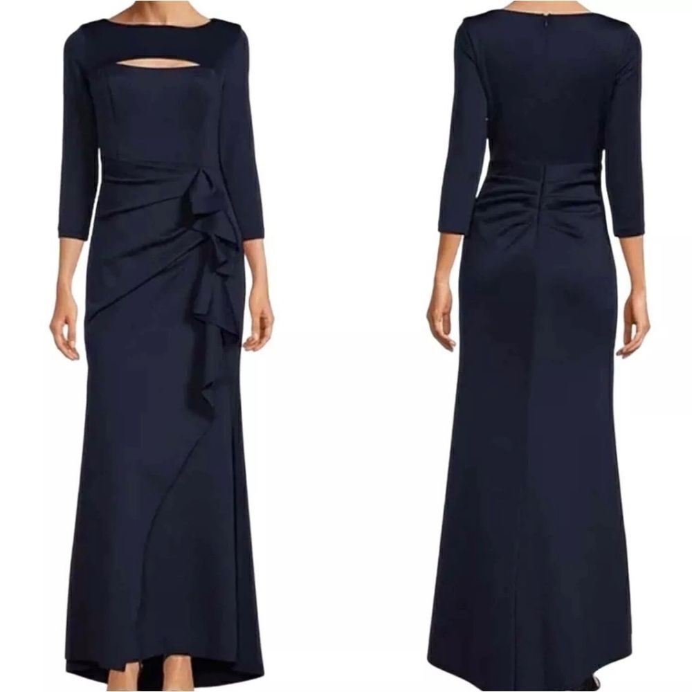 XSCAPE Scuba Boat Neck 3/4 Sleeve Cut-Out Ruched Side Bow Gown Size 18W
